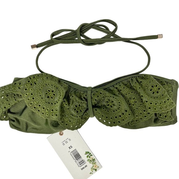 NWT Chelsea & Violet XS Ollive Green Eyelet Ruffle Tie Neck Bikini Swim Top - Picture 2 of 11